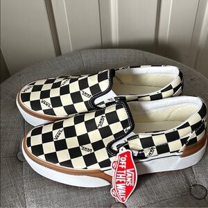 Vans Checkerboard Slip-On Loafers in Black, White & Brown Trim